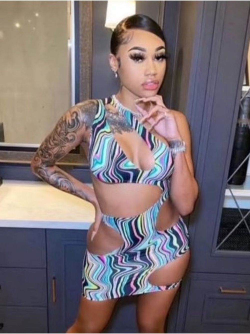 Multicolor Swirl Cutout Bodycon Dress